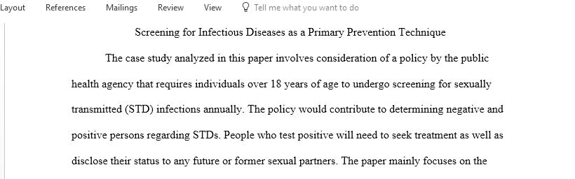 Ethical Reasoning Assignment Infectious disease screening as a method of primary prevention