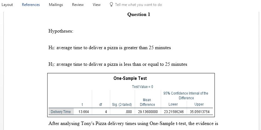 Is the true average delivery time for Tony Pizza greater than 25 minutes