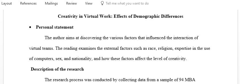 Write a review and critique of an academic research article Creativity in Virtual Work Effects of Demographic Differences