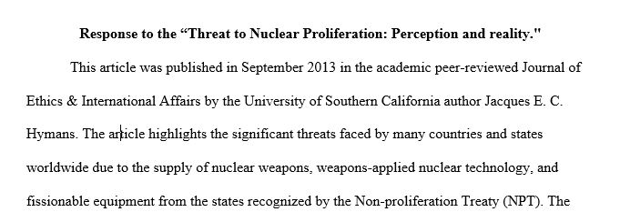 The Threat of Nuclear Proliferation Perception and Reality